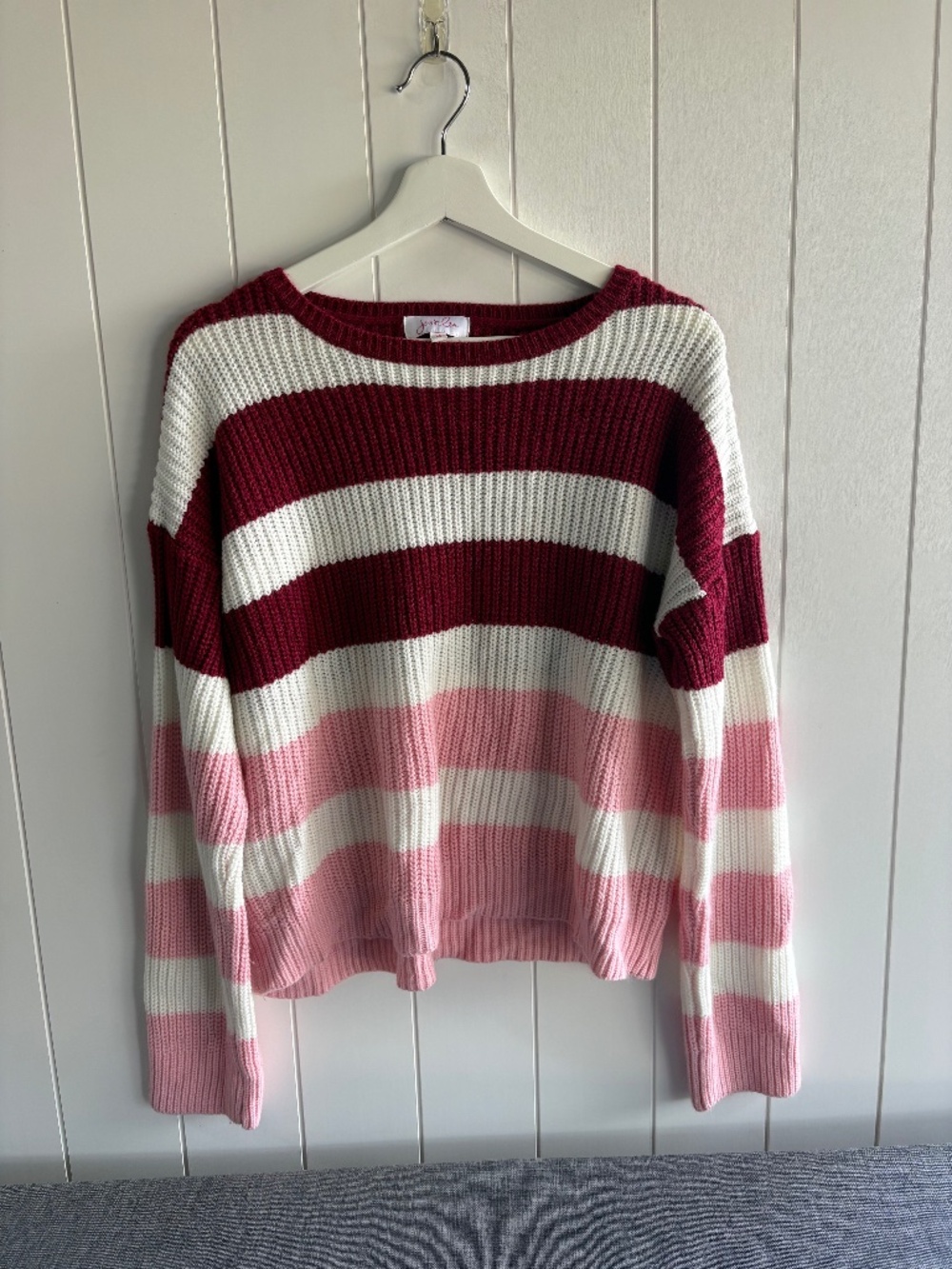 Jess Lea Striped Chunky Knit Sweater Women’s Medium Pink Burgundy Cream